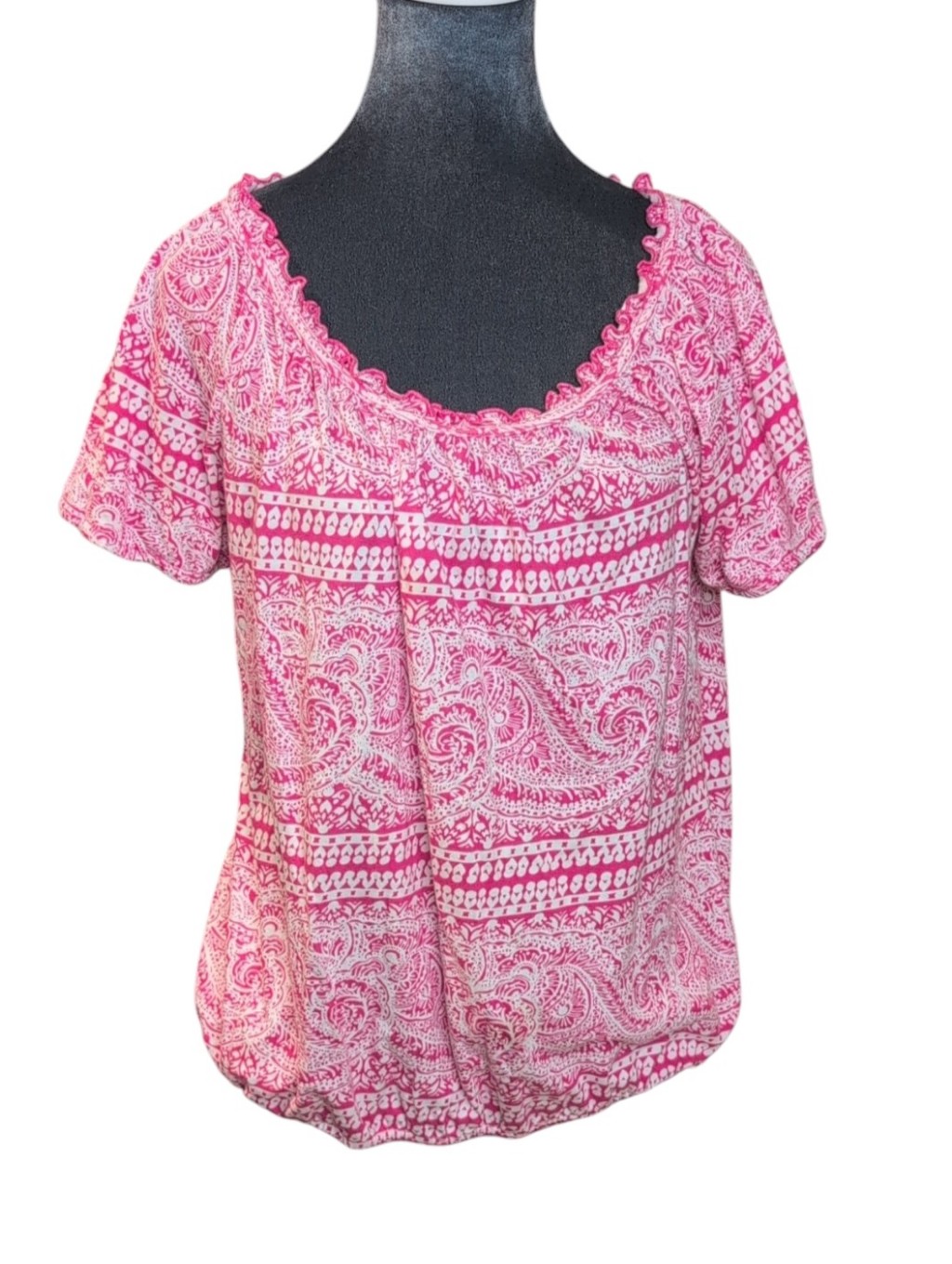 Lane Bryant Fun & Flirty Pink And White Print Peasant Top Size 14/16